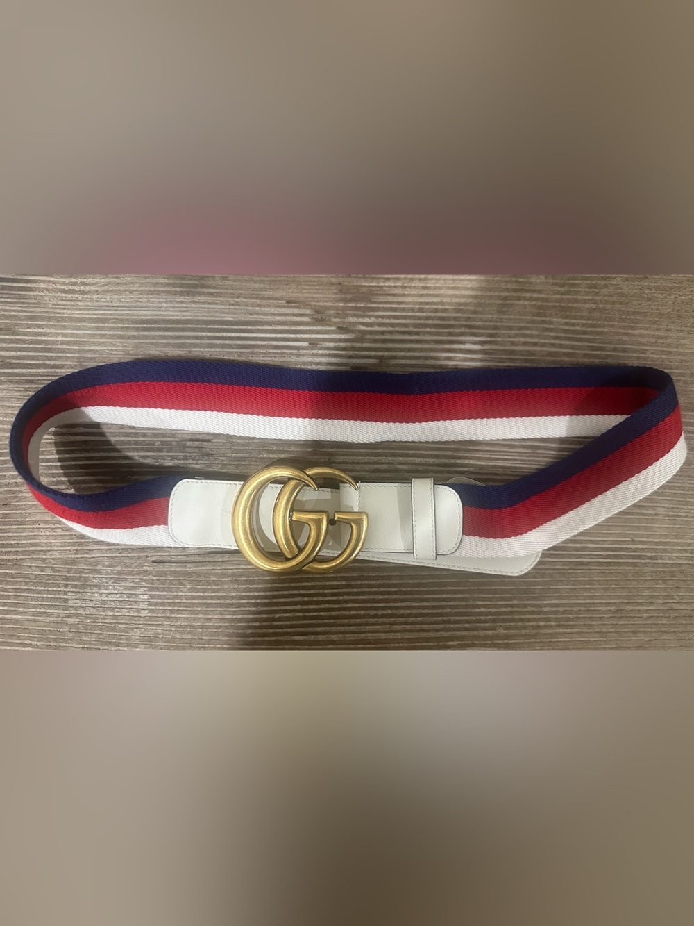 Authentic Gucci White Leather Belt with Red & Blue Web and Gold Double G Buckle